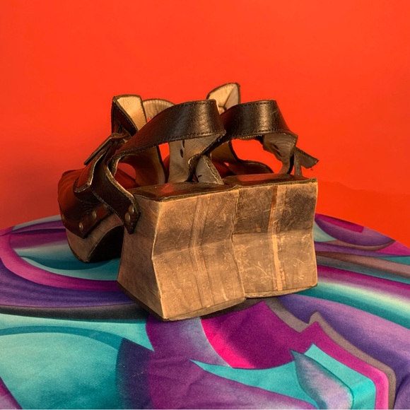 VTG John Fluevog AnswerBlack Leather Wooden Clog Open Toe Size Womens 10 - Picture 8 of 9